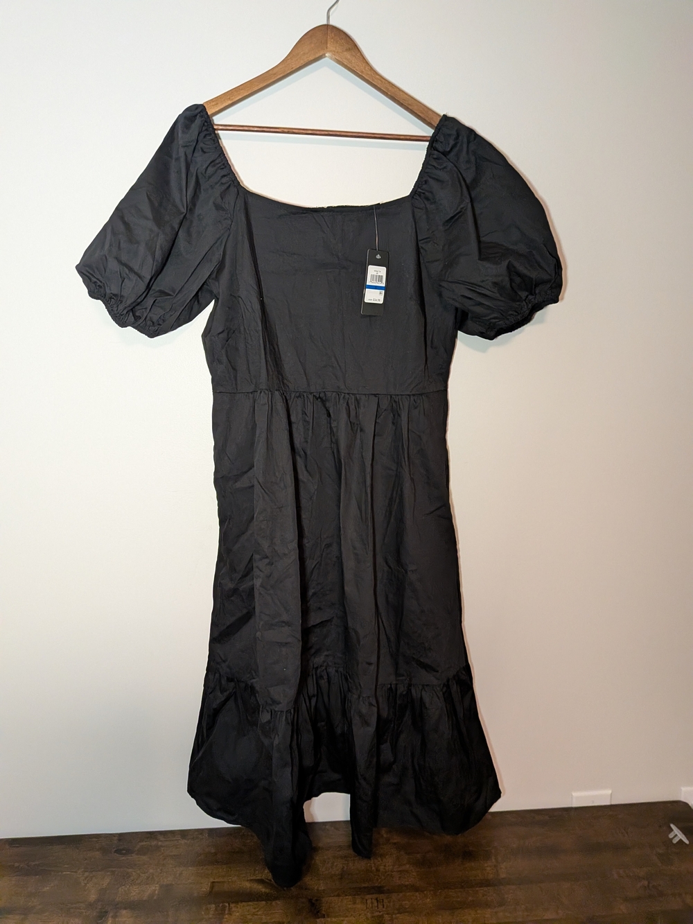 Black Square Neck Puff Sleeve Midi Dress 100% Cotton XL